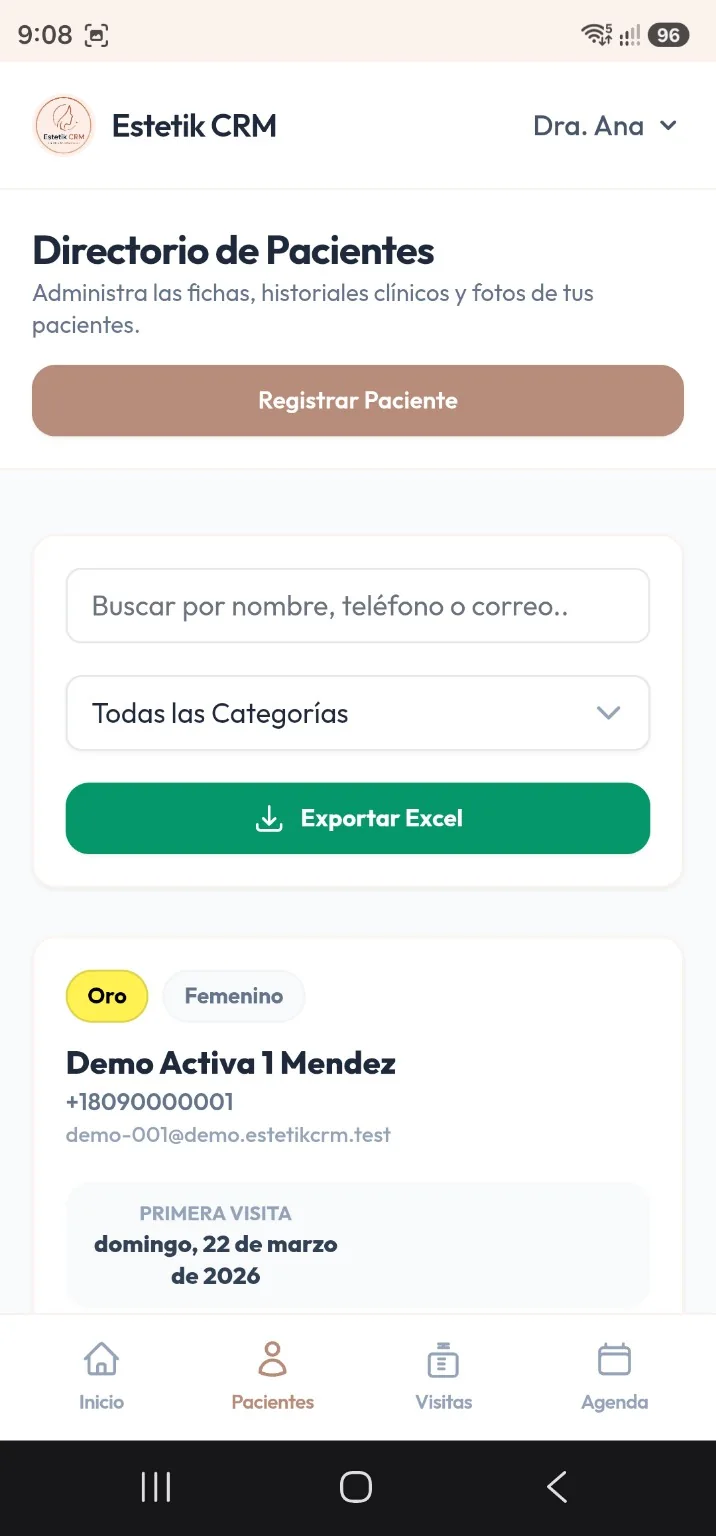 Directorio de pacientes de Estetik CRM