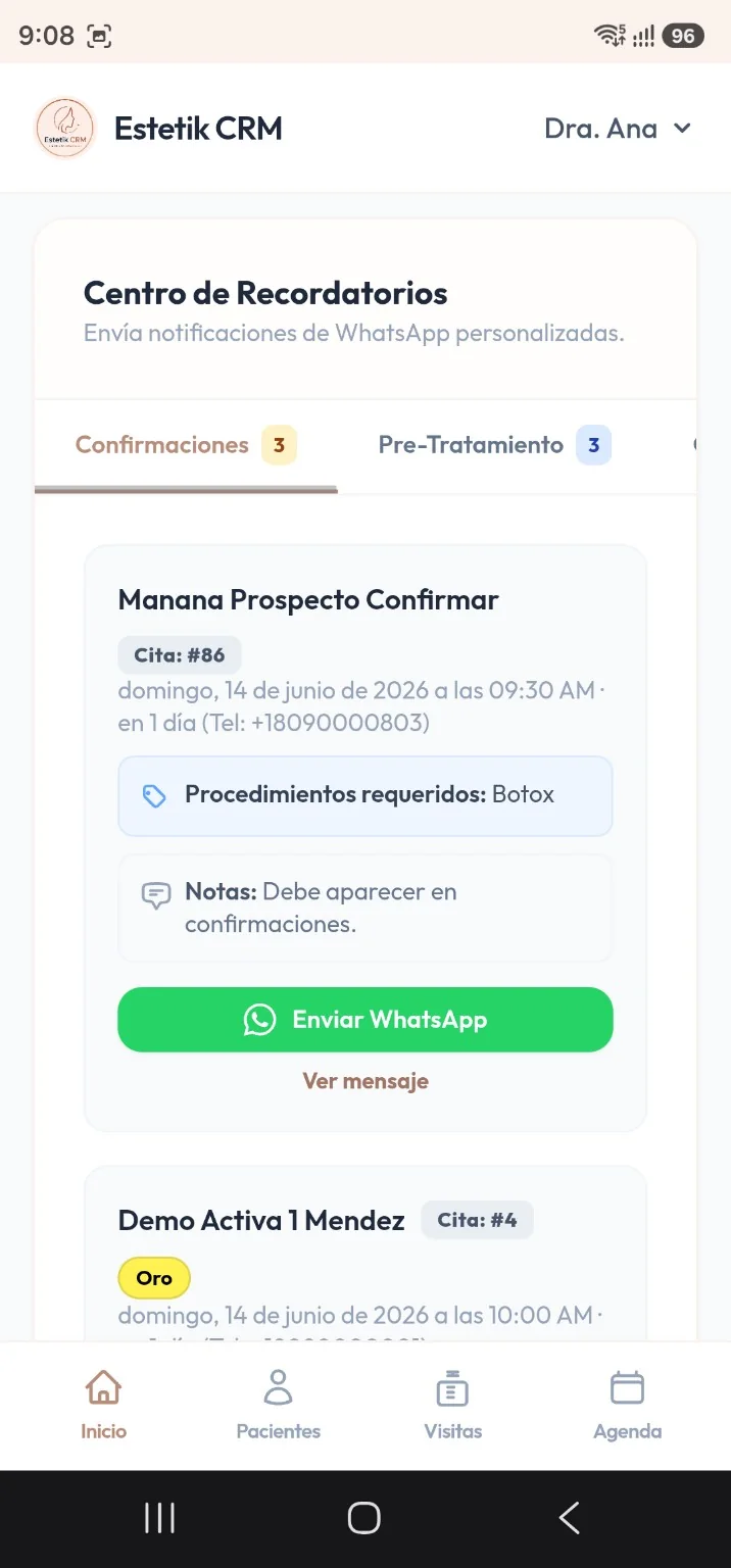 Centro de recordatorios de Estetik CRM