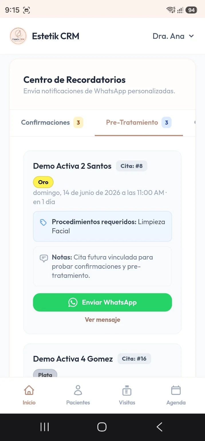 Centro de recordatorios con envío por WhatsApp